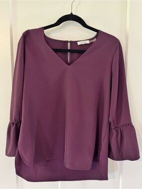 Calvin Klein Deep Plum V-Neck Bell Sleeve Blouse